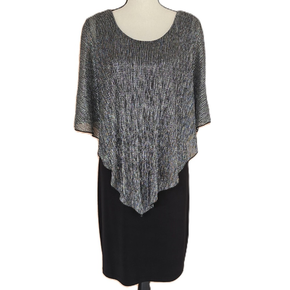 En Focus Studio Size 14 Black Silver Shimmer Cape Overlay Dress Evening Cocktail
